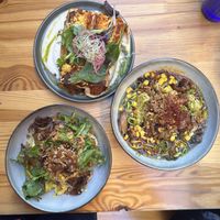 top = enchiladas; right = tahini ramen; left = savory pancakes  at BRÛLÉ in Toulouse