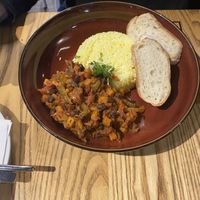 Chilli con carne with saffron rice and plain bread  at The Good Home in Christchurch