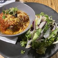 Lasagne and salad  at The Good Home in Christchurch