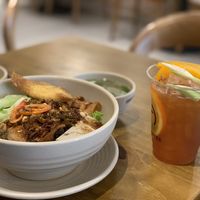 Vegan Dry noodles and peach ice tea (really sweet!)  at Chay 365  in Ho Chi Minh City