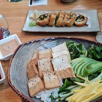 Vegan Sushi Bowl with Sauces and Veggi Tempura Roll at Omachi in Rostock