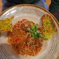 Meatball spaghetti and a side of cheesy garlic bread at Punk Pasta in London
