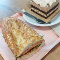 Bocadillo (spanish style sandwich) & chocolate+hazelnut cake at La Veggiesseria in Tarragona