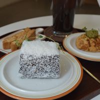 Lamington, cheese biscuit, iced black coffee  at Bgomi in Seoul