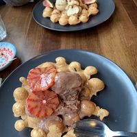 Incredible bubble waffles… Rum & Chocolate Ice-Cream and Cherry Blossom Ice Cream… Yum!  at Kanu Poké in Shrewsbury