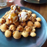 Cherry green tea ice cream. Gluten free waffle. at Kanu Poké in Shrewsbury