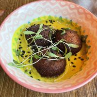 Sesame satay with plaintain ball starter  at Kanu Poké in Shrewsbury