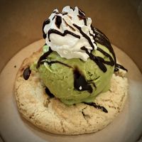 Vegan cookie sundae, with chocolate chip cookie and matcha ice cream 😋   at OVGO B.A.K.E.R. - Meiji st. in Tokyo
