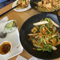 Crispy tofu, stir fried veggies and rice paper rolls  at Rock Pho in South Yarra