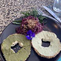 Pesto (with Thai basil) and cream cheese bagel. Nice side salad (not leafy type but pickled cabbage)  at Full-Fill in Koh Lanta