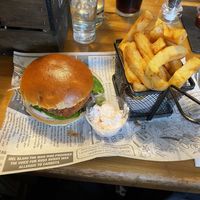 Vegan Breaded Risotto burger with hand ur chips  at The Snakecatcher in Brockenhurst