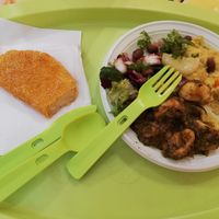 Vegan plate (salad, gnocchi, millet w veggies) and fried celery - all amazing 💗 at Klub Makrovega in Rijeka