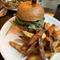 Vegan burger and fries with a side of seasonal vegetables    at La Falaise in Yport