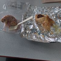 Vegan rolled smoke sausage & 🍓 chip donut at Zuri's Gourmet Donutz in Lynnwood