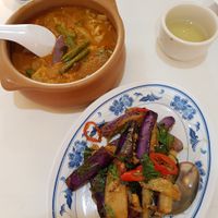 Curry veggies and "Three Cups Brinjal" (Brinjal cooked with soy sauce and basil). All were good. at Mei Lin Vegetarian in Malacca