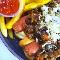 Chilli dogs with fries at Granada Vegan Kitchen in Ensenada