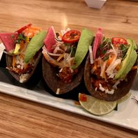 Jackfruit tacos with shredded jicama & carrot, watermelon radish and avocado.  at La Unica Cocina Mexicana Y Cantina in Lake Elsinore