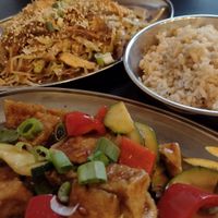 Singepore noodles, orange tofu & brown rice at Heart and Soy in Louisville