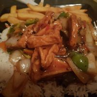 Tofu black bean sauce, rice and chips at Full Circle in South Shields