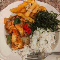 Black bean tofu, boiled rice, crispy seaweed, salt & chilli chips 💖 at Full Circle in South Shields