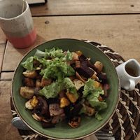 Al Horno -salad. Great salad but came with a lot of croutons even though the menu didn't mention them (and said the dish was gluten free) at Dos Aguas Lodge in Rincon Del Mar