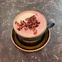 Pink chai latte with oat milk  at The Little Bakery in South Queensferry