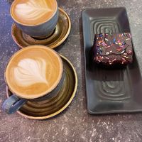 Oat lattes and chocolate cake   at The Little Bakery in South Queensferry