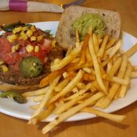 Mexican burger with fries at Native Foods - The Loop in Chicago