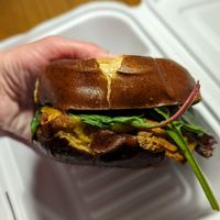 Chicken bacon avo club on a pretzel bun at Native Foods - The Loop in Chicago
