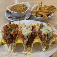 Tacos 3 ways, soup of the day and seasoned friesd  at Native Foods - The Loop in Chicago