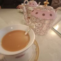 Tea with oat milk at Shelly's Tea Rooms in Plymouth