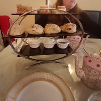 Assorted vegan scones, plain and raisin, vegan flapjacks(oat cakes), vegan Victoria sponge, vegan lemon drizzle cakes, vegan clotted cream, vegan butter and strawberry preserves. at Shelly's Tea Rooms in Plymouth