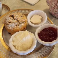 Vegan raisin scone with vegan butter, jam, and clotted cream at Shelly's Tea Rooms in Plymouth