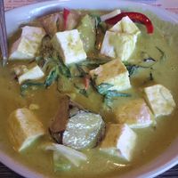 Green curry with fresh tofu, thai eggplant, thai basil, bell pepper. medium spicy at Sirinat Thai in San Pedro