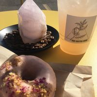 Pistachio rose donut and grapefruit rosemary lemonade   at The Sacred Bean in Pueblo