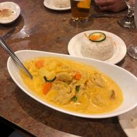 Yellow Curry with soy chicken and jasmine rice.  at Buddha's Belly in Jacksonville Beach