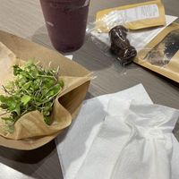 Avo toast, big E smoothie, power balls, tea and syrup packets!!  at Nourish u Wellness Cafe in Wapakoneta