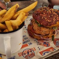 Vegan chicken burger!!! And chips at BrewDog in Plymouth