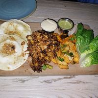 Maitake mushroom dish with humus and other sauce, Naan, veg. So good. at Girl & The Goat in Chicago