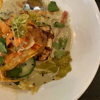 The Curry - scratch green curry · wok vegetables · sweet-chili grilled tofu · creamy basmati fritter · carrot-yuzu slaw  · cucumber  · peanuts  at Plant in Asheville