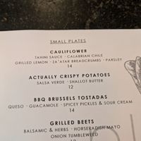 The menu at Plant in Asheville