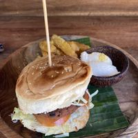 Vegan fish style burger made with tofu  at Juju in 