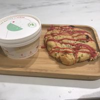 Strawberry and white chocolate cookie with matcha and cherry coulis ice cream - delicious finds!  at Graines Et Cailloux in Bordeaux