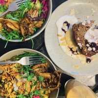 Vegan mushroom rice bowl with a side of banana bread😉 at Burra in Bristol