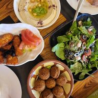 Rocca Salad, hummus, falafel, warm pita at Ayola in Madaba