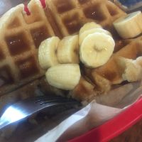 Vegan peanut butter and banana waffle. The best waffle I have had yet. The PB syrup is a game changer. at Bedrock Eats & Sweets in Memphis
