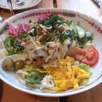 Salad with focaccia and vegan 'nduja at Bistro Vilja in Tampere