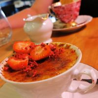 Vegan creme brulee!!! Backround there's affogato. at Bistro Vilja in Tampere