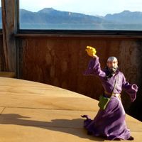 The view from upstairs. Also instead of taking a number to your table, you receive a spirit animal. Or, in our case, a wizard. at Finn's Pizza in Homer