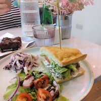 "Chicken" pesto sandwich on focaccia bread. Had to take the other half home as it was so filling!  at Plant Blonde in Glasgow